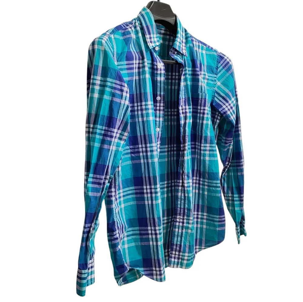 J. Crew Blue and Green Plaid Casual Tagless 100% Cotton Button Down Shirt Size S